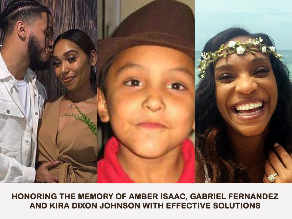 A collage of photos with the words " honoring the memory of amber isaac, gabriel fernan and kira dixon johnson with effective solutions."