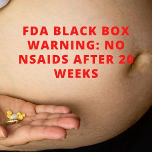 A person holding their stomach with the words fda black box warning : no nsaids after 2 0 weeks.