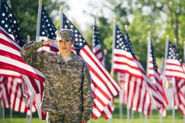A soldier saluting in front of many american flags.