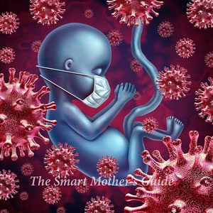 A blue baby with a face mask on and some red viruses around it.