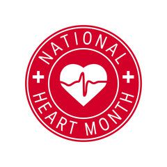 A red and white logo with the words national heart month.