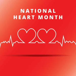 A red background with two hearts and the words national heart month.