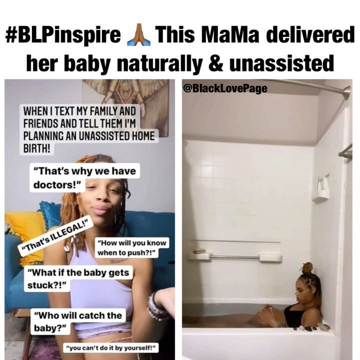 A collage of photos with text reading " # blinspire this mama delivered her baby naturally & unassisted ".