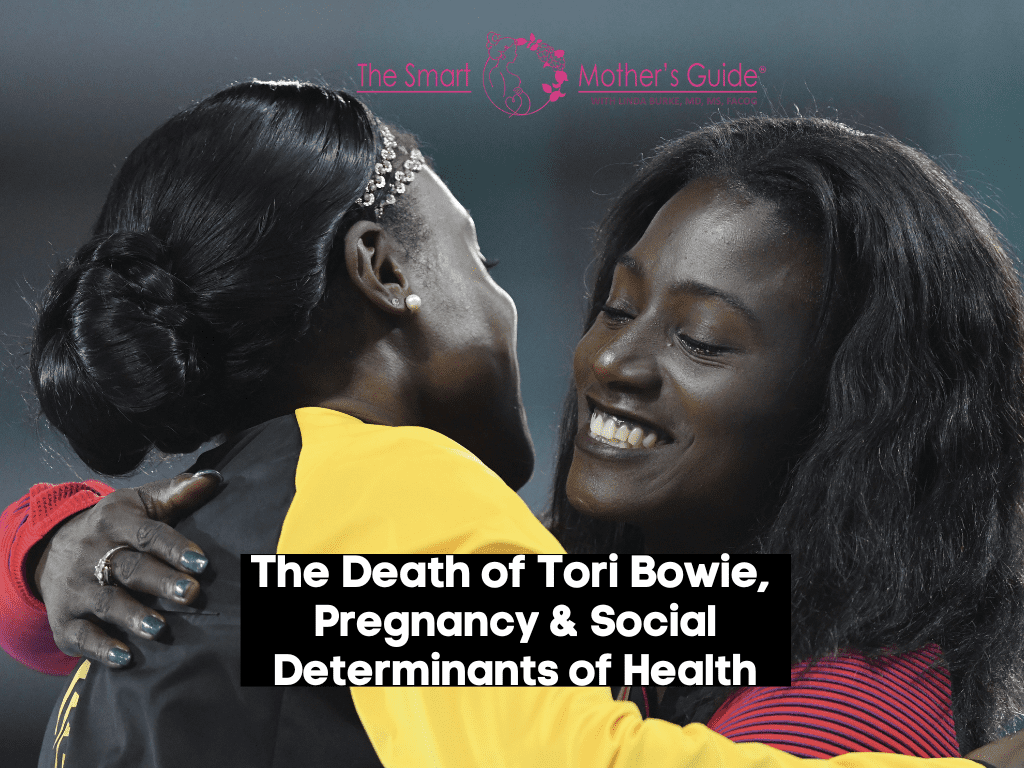 A woman hugging another woman with text that reads " the death of tori bowie, pregnancy & social determinants of health ".